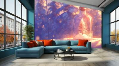 Landscape with empty bottles. Styled like an anime or game background. Blue sky, sunset, sunrise, night, fog, snow, rain, cloudiness, autumn leaves, etc. Wall mural