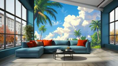 Landscape with palm trees. Styled like an anime or game background. Blue sky, sunset, sunrise, night, fog, snow, rain, cloudiness, autumn leaves, etc. Wall mural