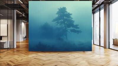 Landscape with Pine Trees. Styled like an anime or game background. Blue sky, sunset, sunrise, night, fog, snow, rain, cloudiness, autumn leaves, rainbow, etc. Wall mural