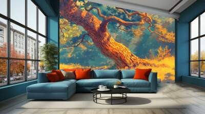 Landscape with Pine Trees. Styled like an anime or game background. Blue sky, sunset, sunrise, night, fog, snow, rain, cloudiness, autumn leaves, rainbow, etc. Wall mural