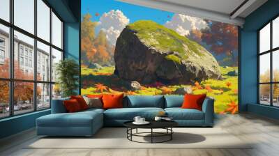 Large rocks with moss. Styled like an anime or game background. Blue sky, sunset, sunrise, night, fog, snow, rain, cloudiness, autumn leaves, etc. Wall mural