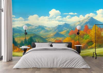 Mountain landscape. Styled like an anime or game background. Blue sky, sunset, sunrise, night, fog, snow, rain, cloudiness, autumn leaves, etc. Wall mural