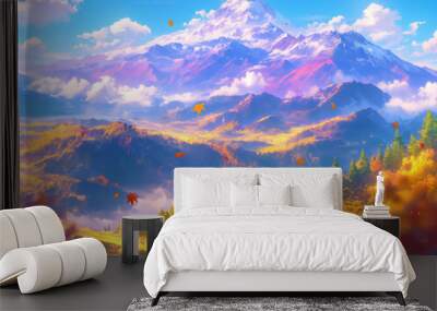 Mountain scenery. Styled like an anime or game background. Blue sky, sunset, sunrise, night, fog, snow, rain, cloudiness, autumn leaves, etc. Wall mural