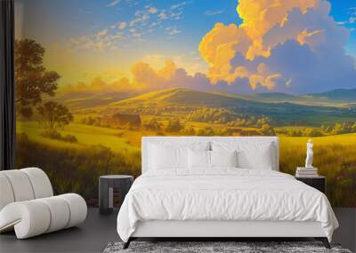 Scenery of brick road. Styled like an anime or game background. Blue sky, sunset, sunrise, night, fog, snow, rain, cloudiness, autumn leaves, etc. Wall mural