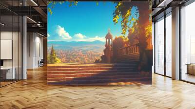 Scenery of stone staircase. Styled like an anime or game background. Blue sky, sunset, sunrise, night, fog, snow, rain, cloudiness, autumn leaves, rainbow, etc Wall mural