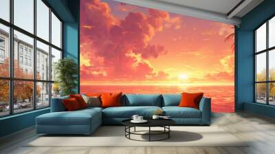 Scenery of the island. Styled like an anime or game background. Blue sky, sunset, sunrise, night, fog, snow, rain, cloudiness, autumn leaves, etc. Wall mural