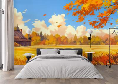 Town scenery. Styled like an anime or game background. Blue sky, sunset, sunrise, night, fog, snow, rain, cloudiness, autumn leaves, etc. Wall mural