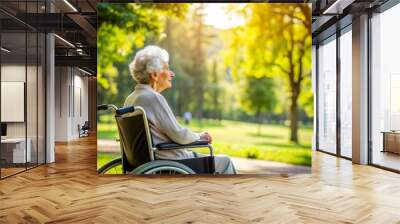 Side view of senior woman in wheelchair in park on sunny day. Wall mural