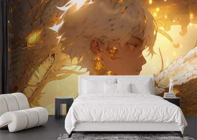 boy with white and gold dragon anime style Wall mural