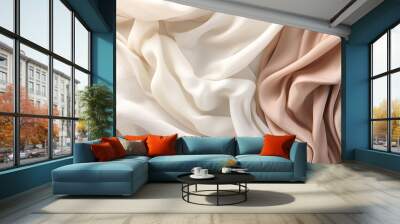 delicate creamy color satin fabric with soft folds, textile background Wall mural