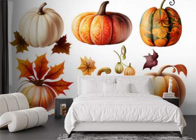 set of pumpkins with leaves, autumn design elements, isolated. Generative AI   Wall mural