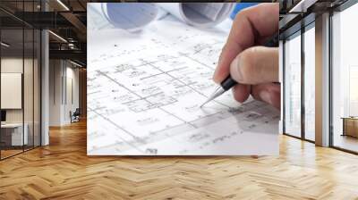 Engineering diagram blueprint paper drafting project sketch architectural,selective focus Wall mural