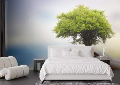 Protecting the forest,Plant a tree:Trees in hands with nature abstract background. Ecology concept Wall mural