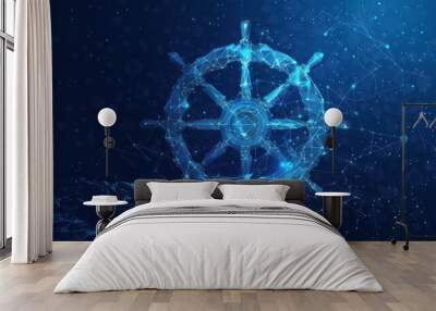 A blue and white image of a wheel with a blue background Wall mural