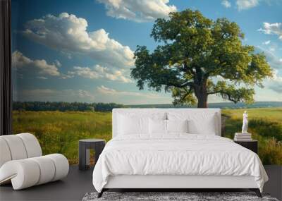 Beautiful summer landscape showing huge oak and country road on sunny day. AI generated Wall mural