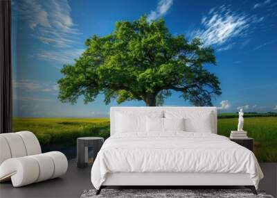 Beautiful summer landscape showing huge oak and country road on sunny day. AI generated Wall mural