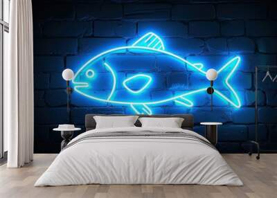 Blue neon sign of fish on black background. Wall mural