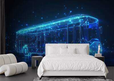 Bus from futuristic polygonal blue lines and glowing stars for banner, poster, greeting card. AI generated Wall mural