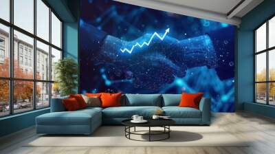 Chart graph with up arrow hologram and businessmen handshake on technology background. Rise chart bar. Stock market or growth business concept. AI generated Wall mural