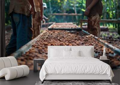 Cocoa farmers brown organic cocoa beans sun-drying on a cocoa farm. Wall mural