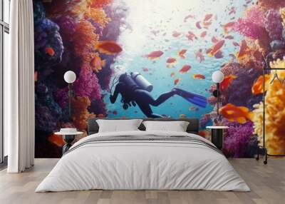 Diver Exploring Vibrant Coral Reef Wall mural