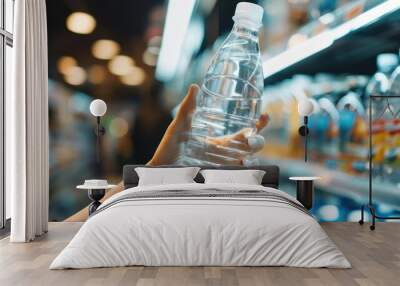 female hand holding a bottle of water or mineral water in grocery store. Wall mural