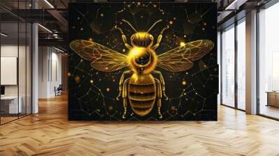 Queen bee concept with gold honeybee and crown in futuristic glowing low polygonal style on black background. Wall mural