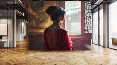 A beautiful asian woman in traditional chinese clothes inside the house in the morning background wallpaper AI generated image Wall mural