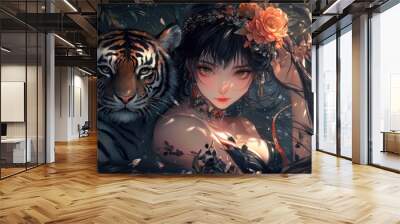 A black gothic magic anime girl with a tiger animal background wallpaper AI generated image Wall mural