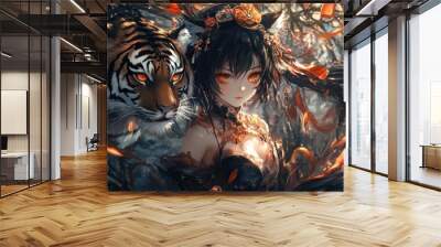 A black magic gothic anime girl with a tiger animal background wallpaper AI generated image Wall mural