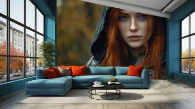 A medieval female assassin medieval warrior character red hair wearing a hood background wallpaper AI generated image Wall mural