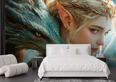 A woman elf with a dragon animal as a friend or pet background wallpaper AI generated image Wall mural