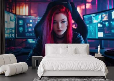 A young woman gamer and a streamer with long red hair style sits in front of the screen background wallpaper AI generated image Wall mural