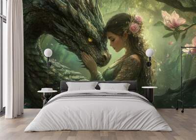 An elf queen fantasy daughter befriends and hugs a dragon background wallpaper AI generated image Wall mural