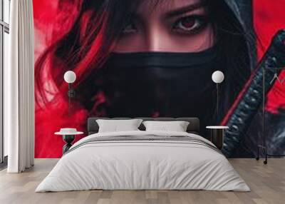 Asian woman with a mysterious hood and magic mystical red smoke effect Mobile vertical wallpaper AI generated image Wall mural