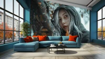 Asian woman with white hair and wearing a mysterious black hood wallpaper AI generated image Wall mural