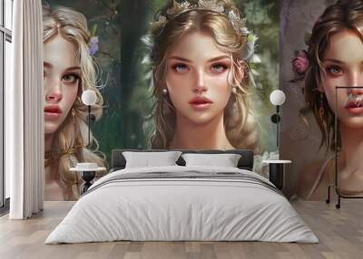 Beautiful fantasy fairy tale elf woman princess portrait collection set wallpaper AI generated image Wall mural