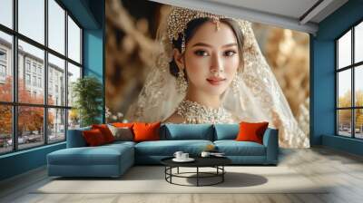 Beautiful female asian model with traditional bridal make up regional customs background wallpaper AI generated image Wall mural