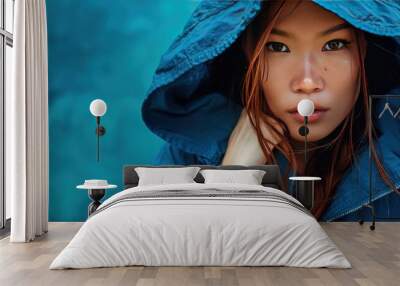 Beautiful mysterious young red haired Asian woman wearing a blue robe with a hood AI generated image Wall mural