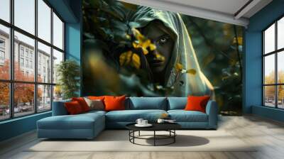 Beautiful princess wearing white hood looking at camera in forest foliage wallpaper AI generated image Wall mural