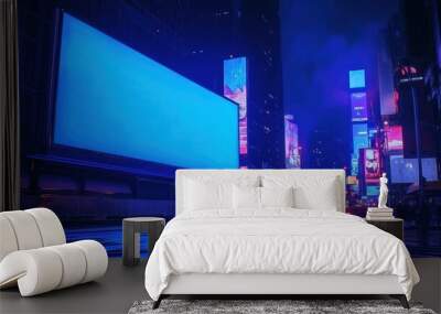 Big blue screen billboard on cyberpunk neon night city street mockup material background wallpaper AI generated image Wall mural