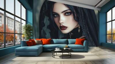 Character female model with black gothic make up halloween theme background wallpaper AI generated image Wall mural