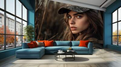 Charm of a beautiful woman hunter in the wild with hunting equipment background wallpaper AI generated image Wall mural