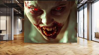 Close up female face zombie with scary red eyes background wallpaper AI generated image Wall mural