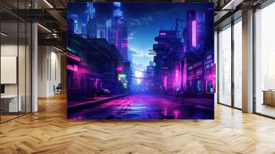 Cyberpunk city with streets at night background wallpaper ai generated image Wall mural