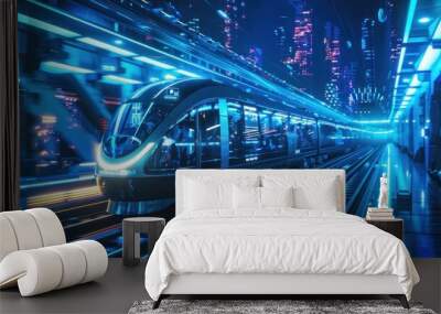 Cyberpunk modern fast train with future technology stops at the station background wallpaper AI generated image Wall mural