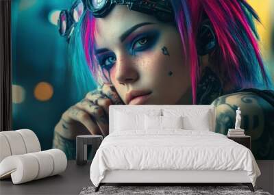 Cyberpunk woman punk with colored hair and tattoos background wallpaper AI generated image Wall mural