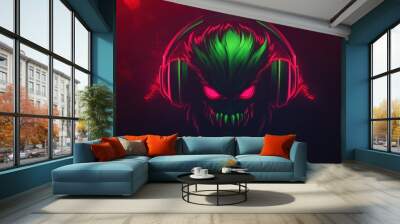 Head monster wear headphones logo mascot design gaming e-sport background wallpaper AI generated image Wall mural