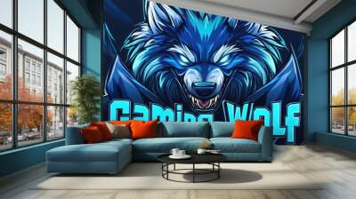 Illustration of e-sport logo animal gaming text ''gaming wolf'' modern mascot design background wallpaper AI generated image Wall mural