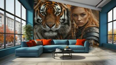 Medieval warrior woman accompanied by a tiger ready to hunt background wallpaper AI generated image Wall mural